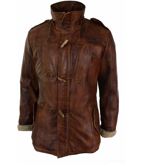 Mens Real Leather Hood Duffle Safari Jacket Long 3/4 Fur Washed Timber Brown Tan-Nevada Timber