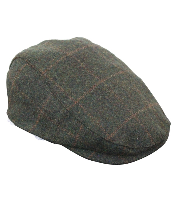 Cavani Kempson Flat Cap - Mens Tweed Wool Check Grandad Hat Vintage - Olive Green/Navy Blue