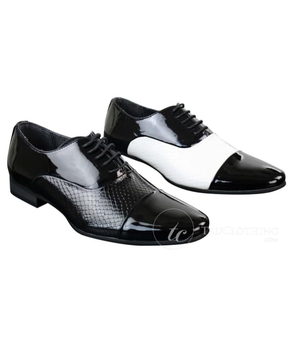 Mens Laced Smart Shiny Patent Snake Skin Italian Design Leather Shoes Black White