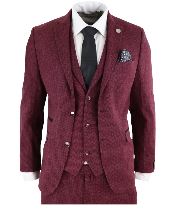 Men's Herringbone Wine Maroon 3 Piece Tweed Suit - STZ11