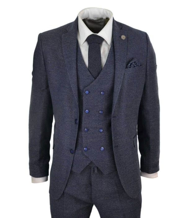 Mens 3 Piece Navy Suit with Double Breasted Waistcoat