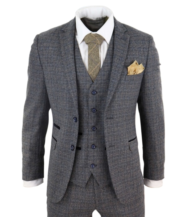 Mens 3 Piece Tweed Check Suit - Navy Blue