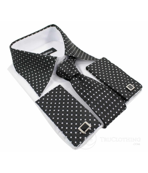 Mens Button Shirt Tie Cuff Link & Hankie Black Silver Shiny Trim Design