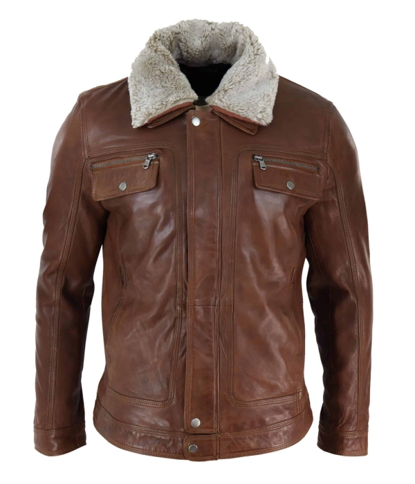 Mens Black brown Real Leather Jacket Sheepskin Collar Short Zip Button - Timber