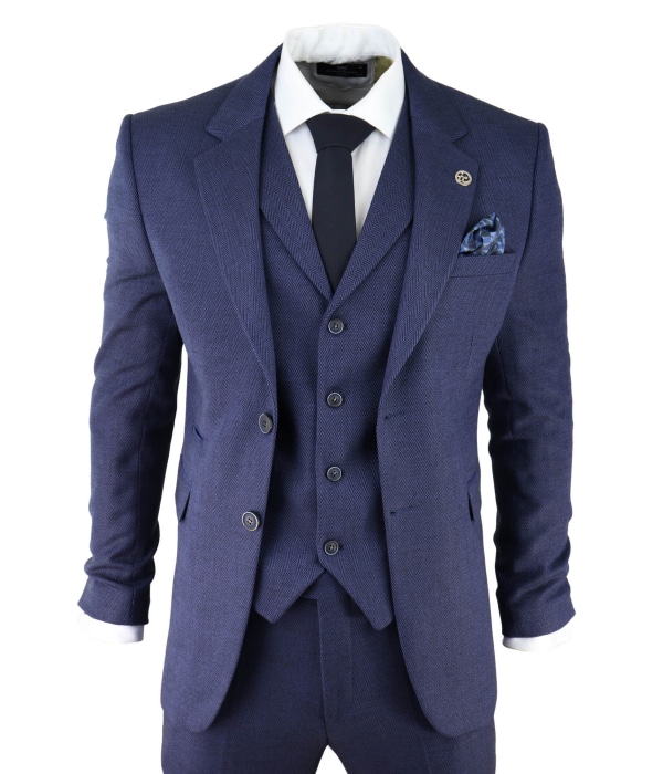 Men's Navy-Blue Herringbone Tweed 3 Piece Suit