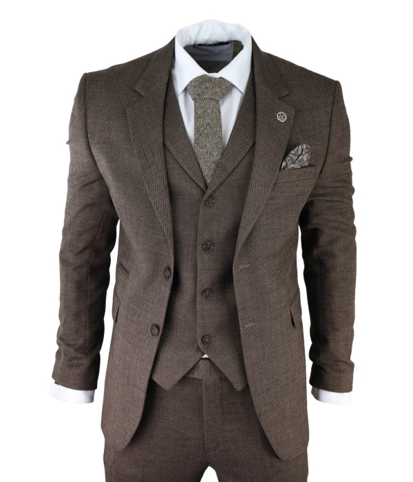 Men's Brown Herringbone Tweed 3 Piece Suit