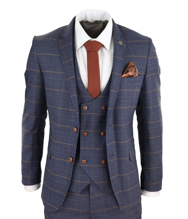 Men's Blue Check Suit with Double Breasted Waistcoat