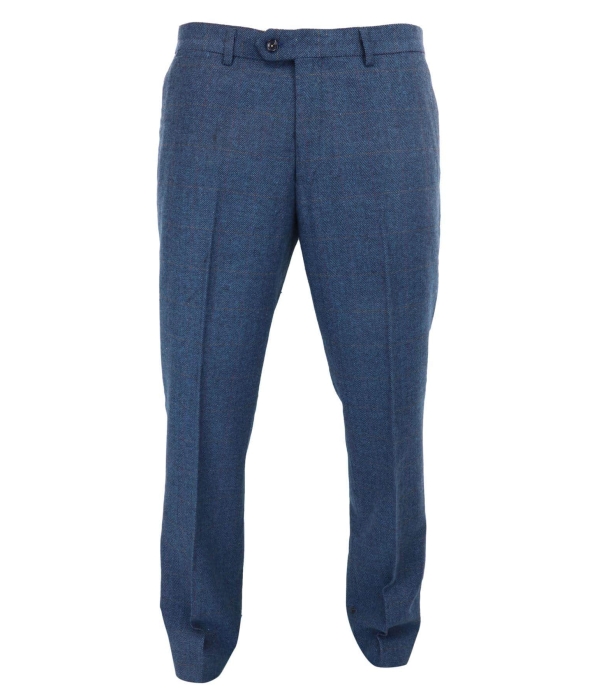 Mens Blue Trousers Herringbone Tweed Check Vintage Tailored Fit Suit